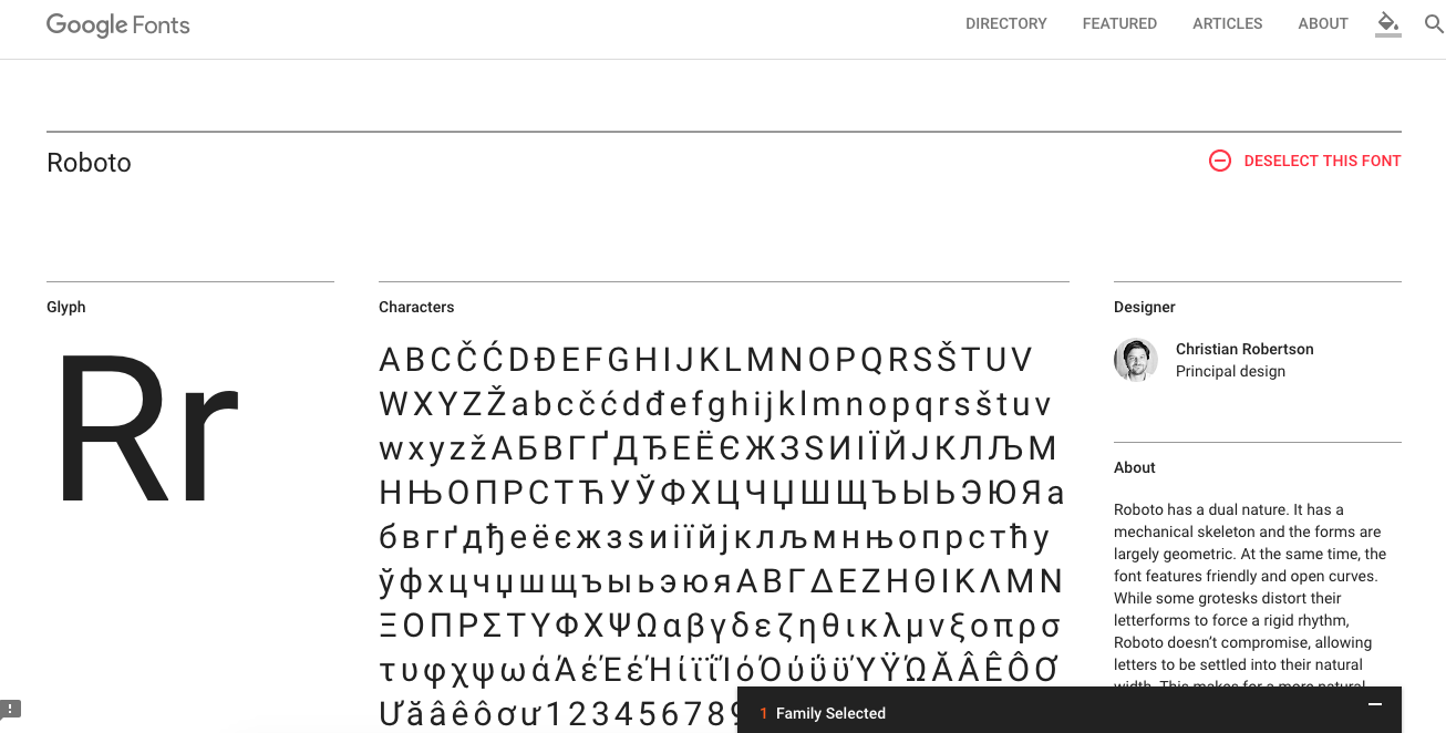 Google Fonts Selection Drawer