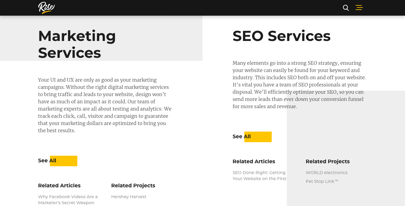 Rise - Services Rise website design agency services page - one of the best website design agency websites