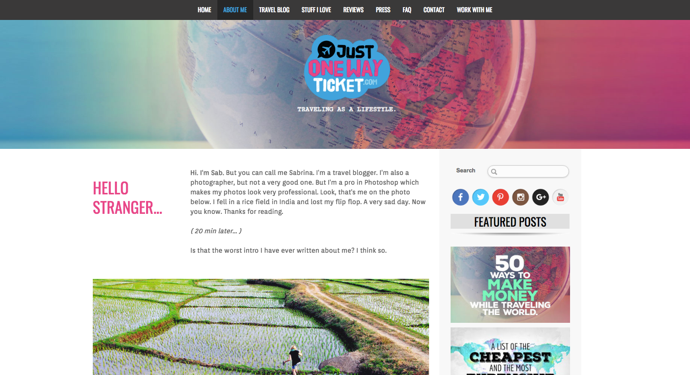Just One Way Ticket About Page showing a bright color scheme with pictures a sidebar and social icons - one of the best travel blog website designs