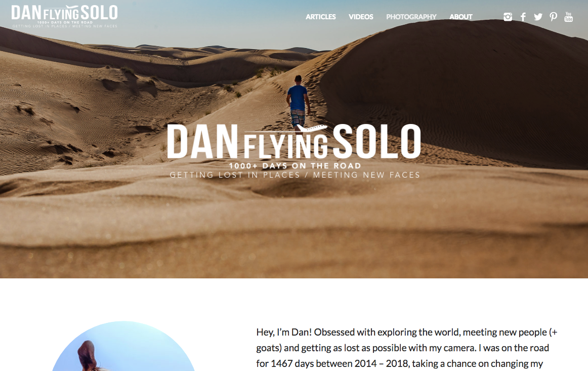 Dan Flying Solo travel blog homepage - one of the best travel blog website designs