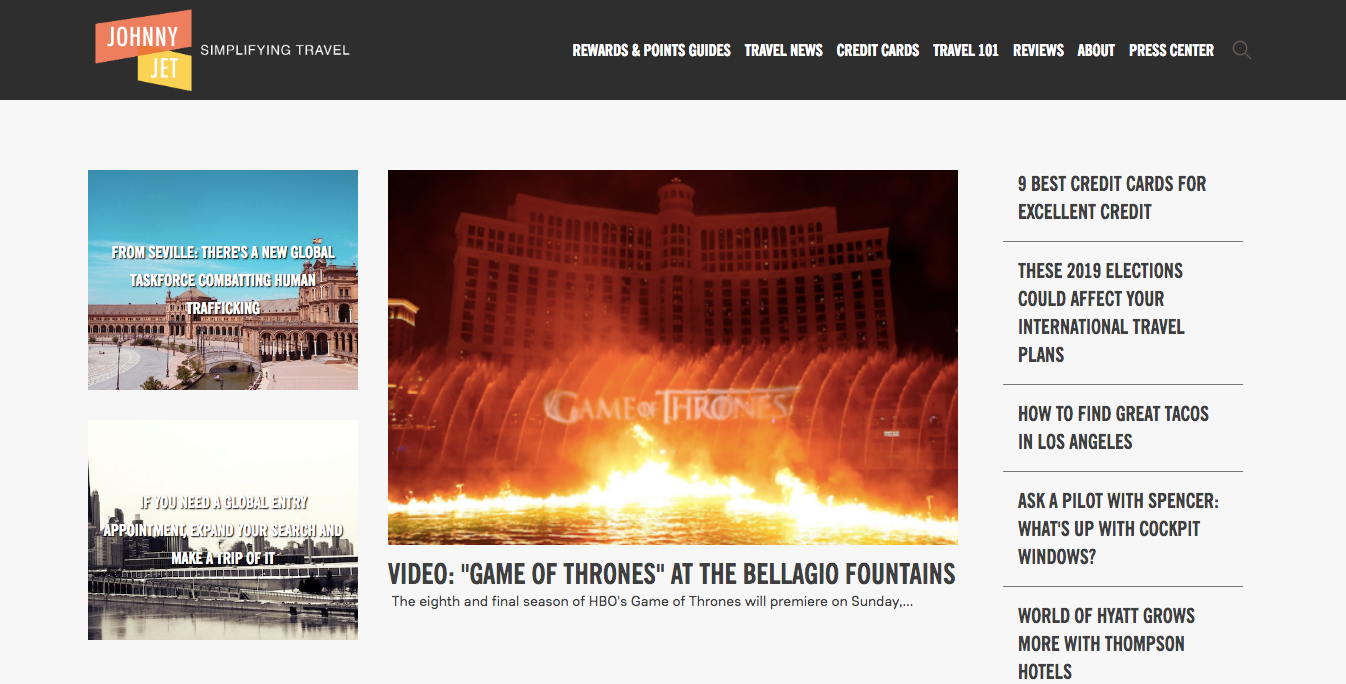 Johnny Jet travel blog homepage featured in the best travel blog website designs article