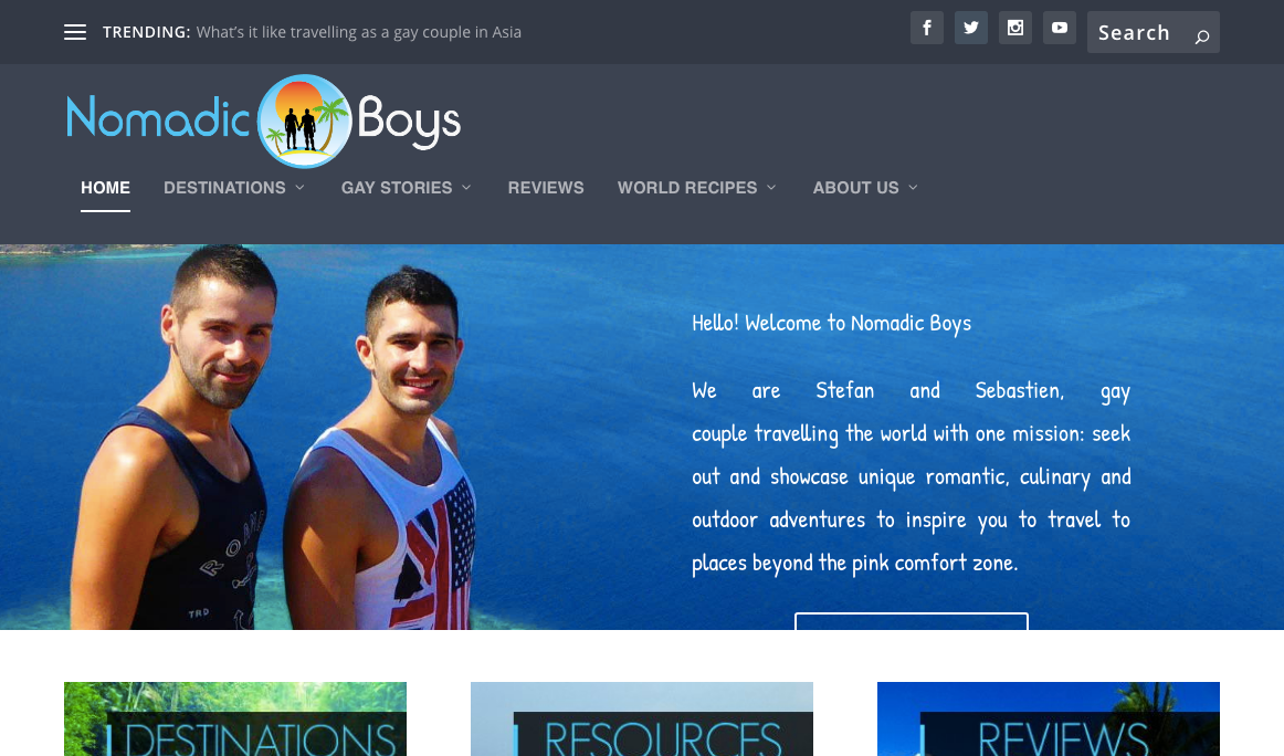 Nomadic Boys travel blog homepage - one of the best travel blog website designs