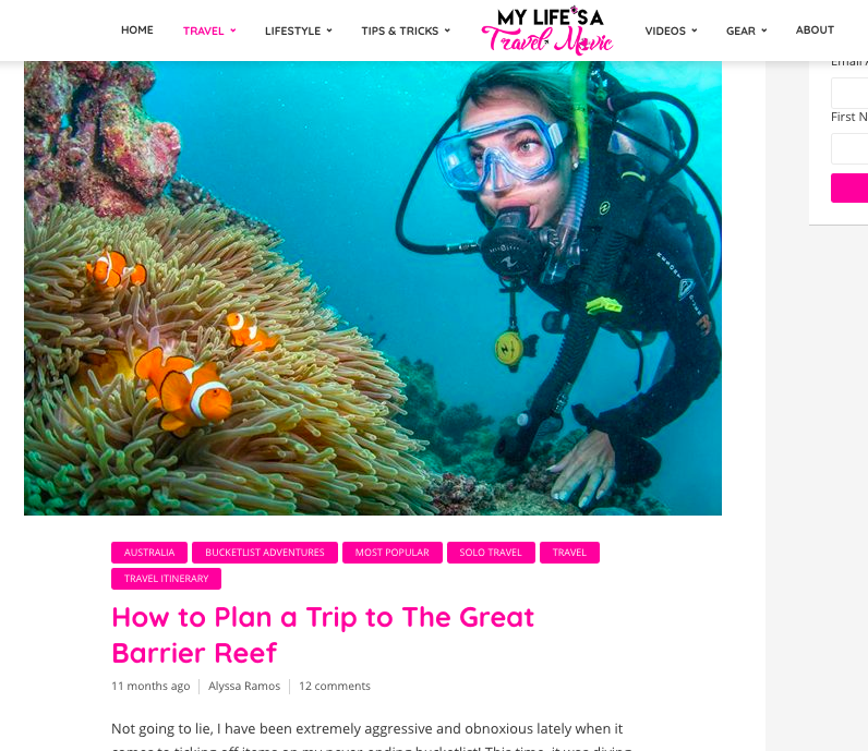 Travel blog post page, showing a large image of a female scuba diving