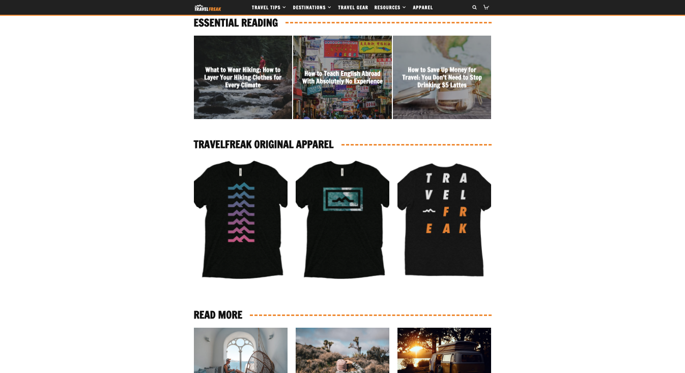 TravelFreak homepage showing off different sections