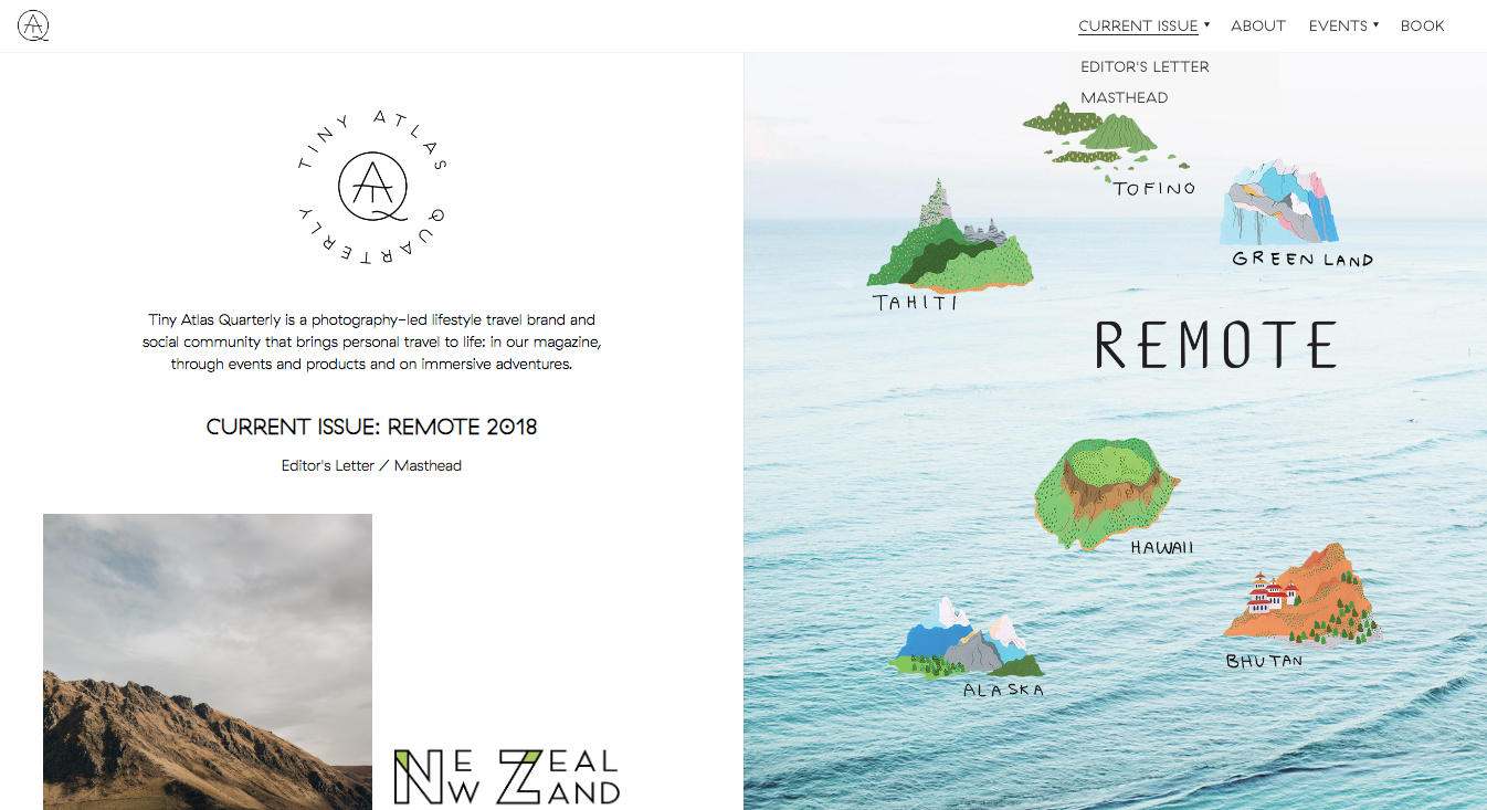 Tiny Atlas Quarterly homepage - as part of the best travel blog website designs