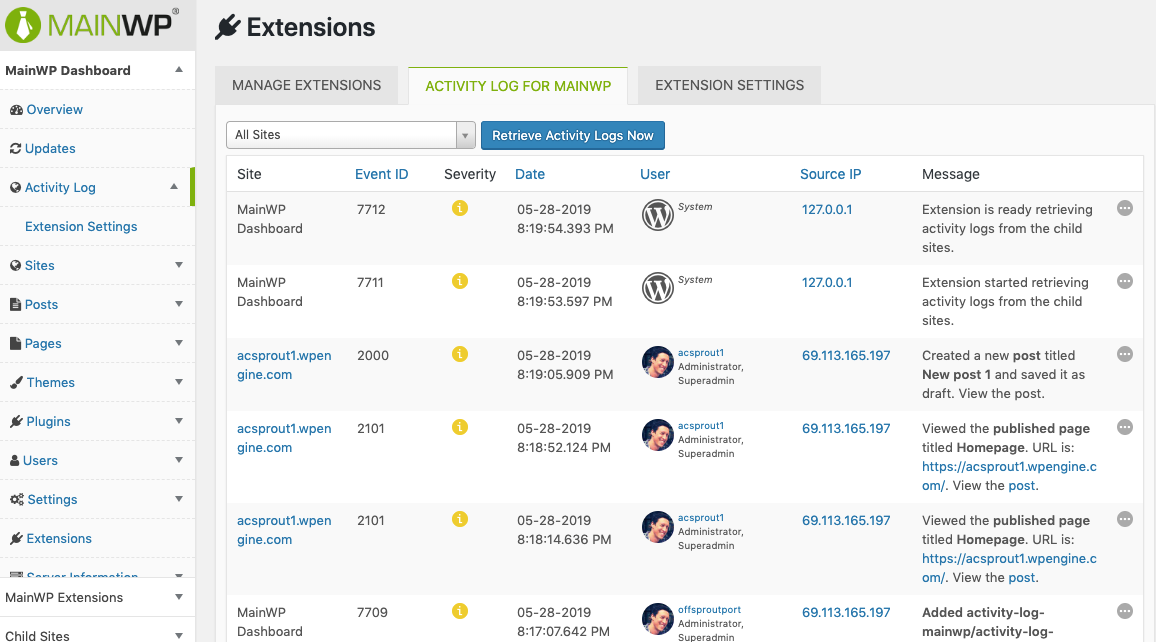 Activity log for MainWP WordPress Plugin that lets you see your different activities performed on your WordPress websites