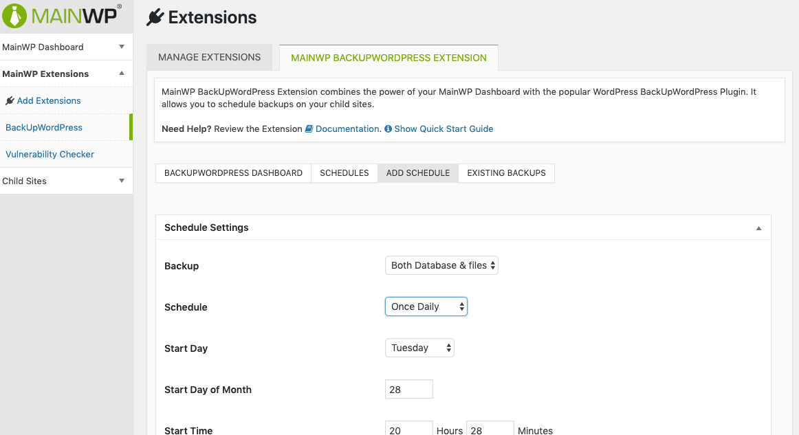 Backups management screen in MainWP WordPress plugin