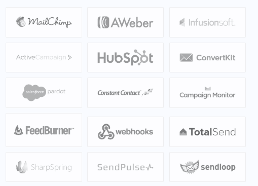 OptinMonster integrations with other email marketing apps like Mailchimp, Aweber, Webhooks, Hubspot, Infusionsoft, ActiveCampaign, ShaprSpring and more