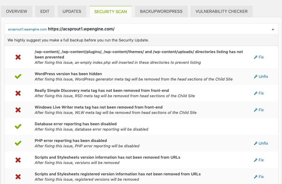 MainWP security extension showing a security audit performed on a website by the MainWP WordPress plugin
