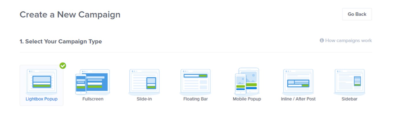 OptinMonster campaign types - showing lightbox, full screen welcome mat, inline optin form as well as other types of optin forms