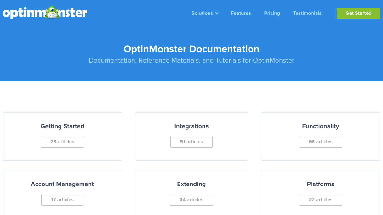OptinMonster support page showing the knowledge base of help docs - part of an OptinMonster review