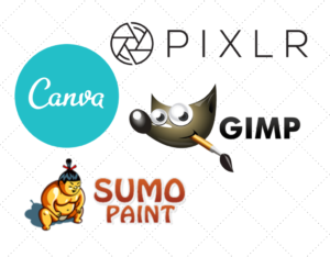Pixlr, Canva, GIMP, and Sumo Paint logos all on the same screen, showing off these free Photoshop alternative applications for image and graphics editing