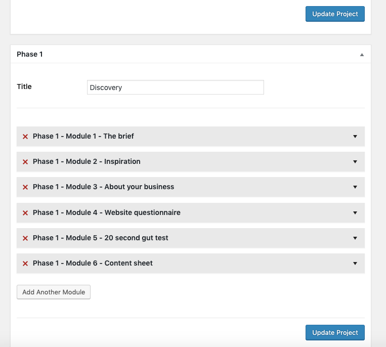 Client Portal editor showing the back-end where you can add modules to your client portal to interact with the client, keep them updated, and get assets from them