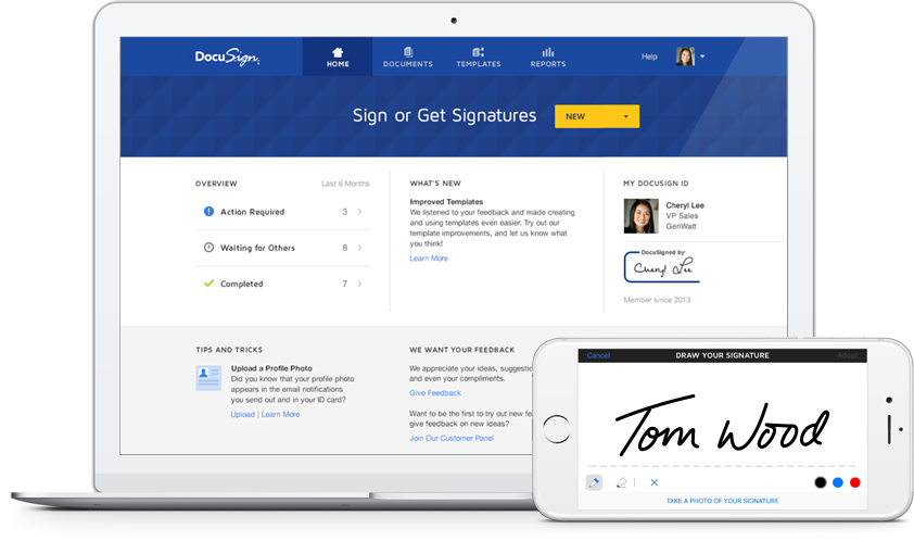 E-signature software to get signed web design proposal agreements quickly and without friction - screenshot showing docusign dashboard and signature panel