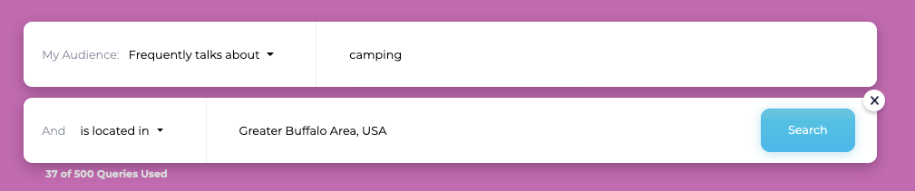 using SparkToro to search interests of people in a local geography, using interested in camping located in Buffalo as an example